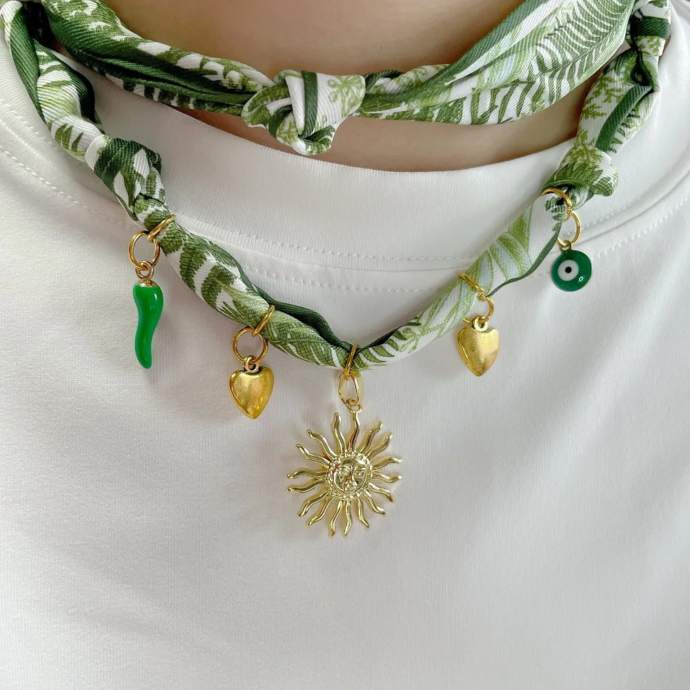 Handmade Fabric Bandana Necklace Adjustable Necklace with Golden Sun Heart Charms 251031