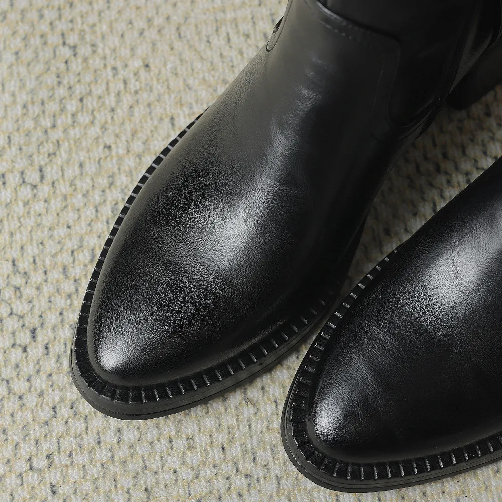 Womens genuine leather elastic fabric patchwork side zip autumn knee high boots pointed toe 5cm thick med heel black slim boots 251031