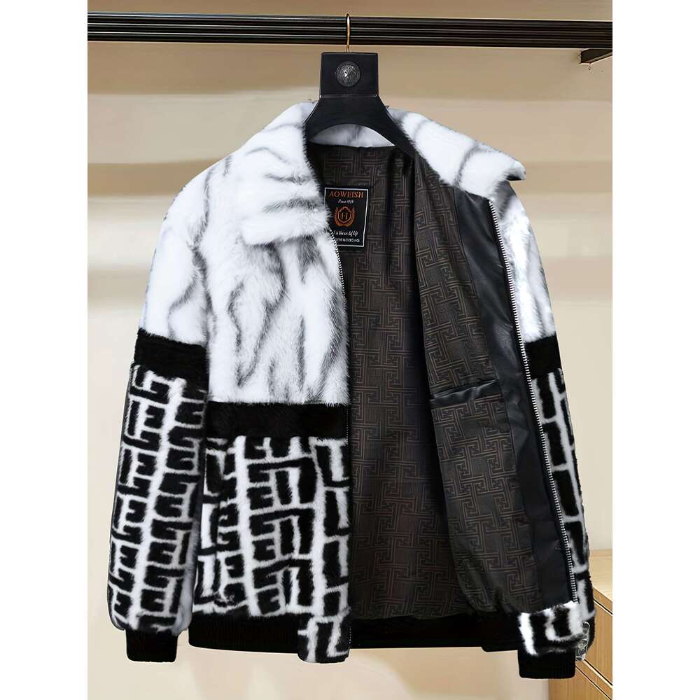Men's Winter White Black/Gray -Like Jacket - Lapel Collar Full-Zip Coat With Imitation Fox Hood-Like, Hand Washable Cold-Weather Outerwear For Ca
