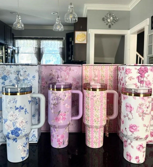 US STOCK With Floral Gift Boxes 40OZ Cups Insulated Stainless Steel Tumblers 40oz Rose Double Wall Vacuum Sealed Travel Mugs Big Capacity Water Bottle