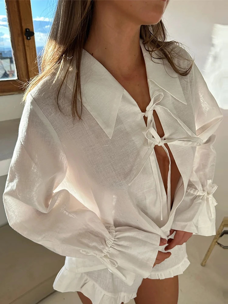 Solid color linen lace top bow shirt for women short sleeved top lapel lantern sleeve shirt pleated pants summer women 2-piece set 250402