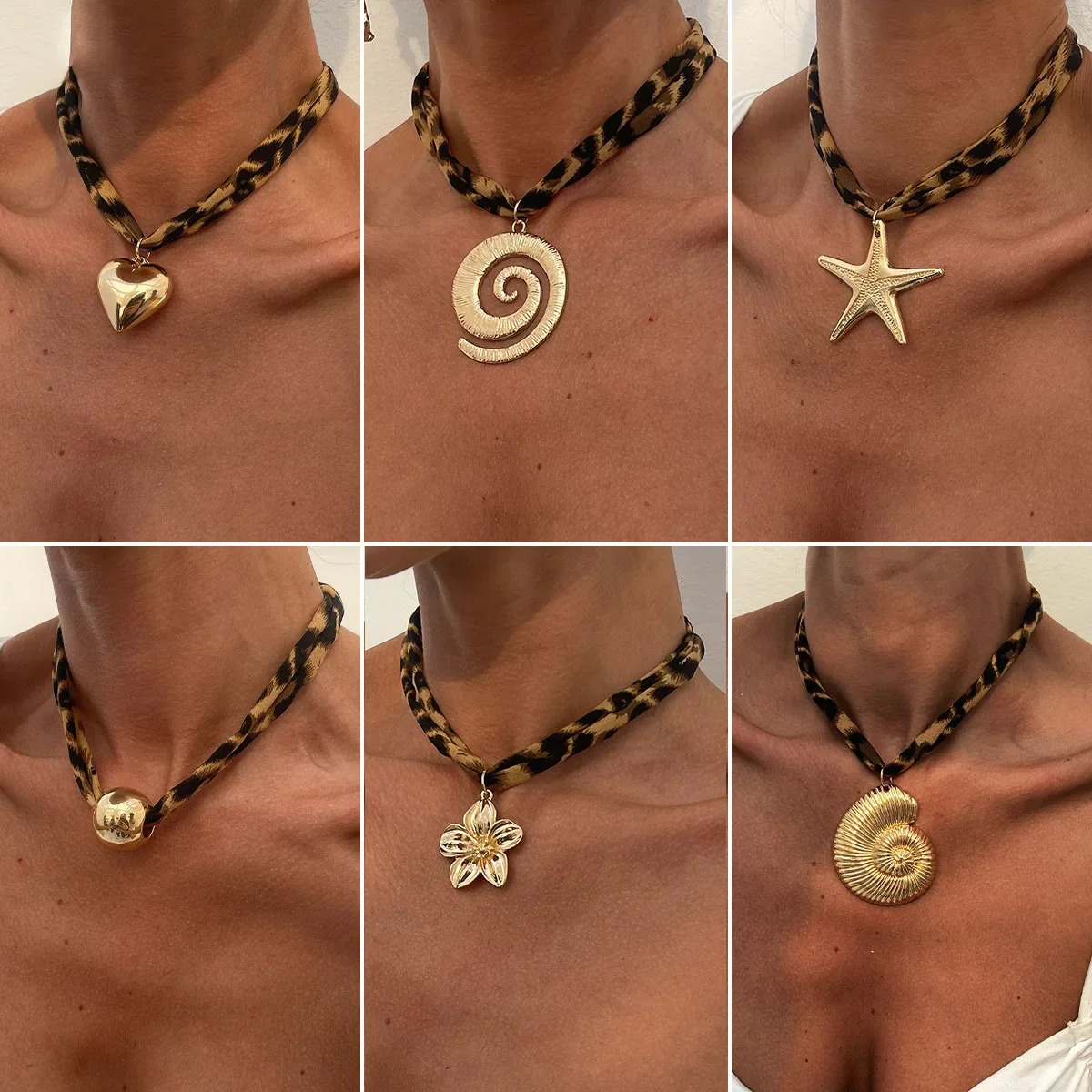 Ocean Style Metal Conch Starfish Heart Pendant Necklace Women Sexy Leopard Print Cotton Choker Necklace Party 2025 Jewelry 251031