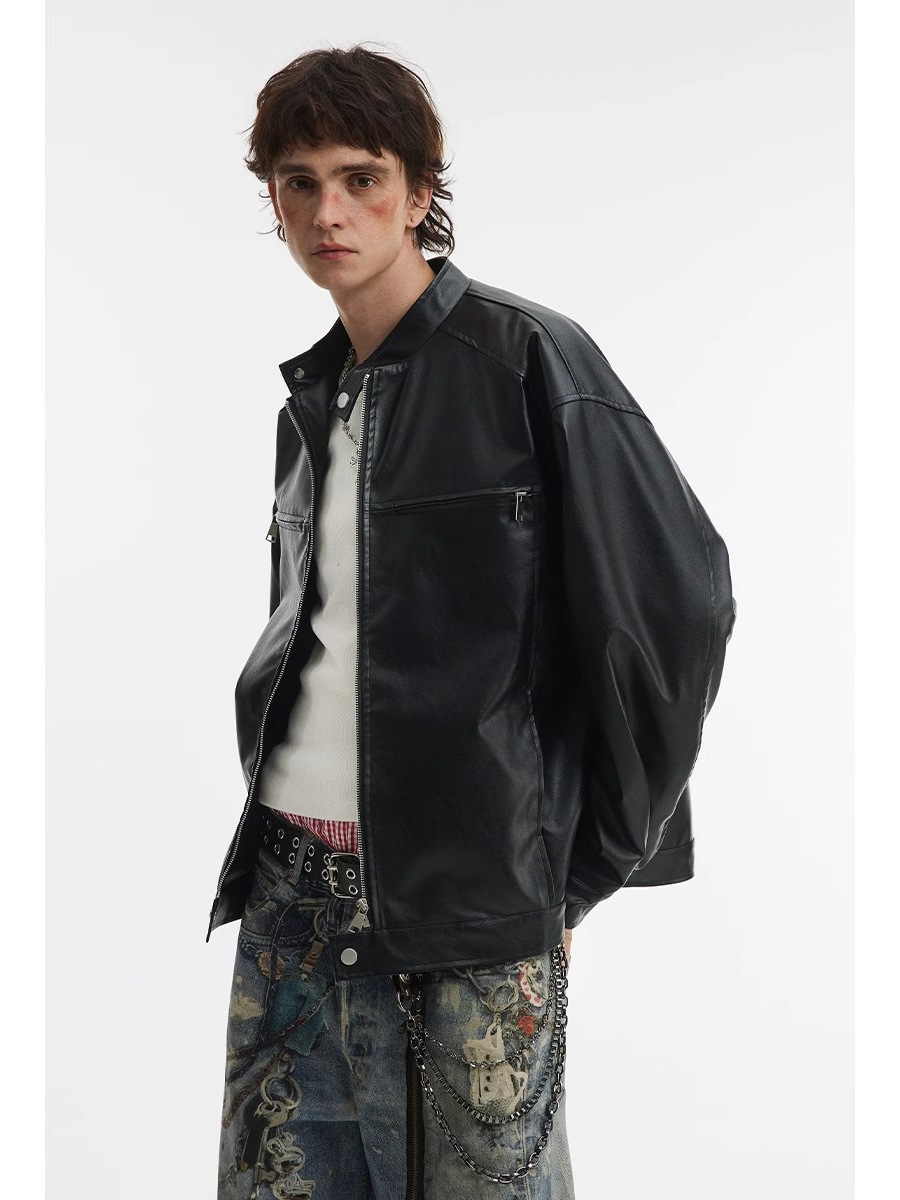 Men's PU leather jacket, street wear Y2K jacket men's hip-hop leather zipper retro motorcycle jacket Hong Kong style trend spring and autumn