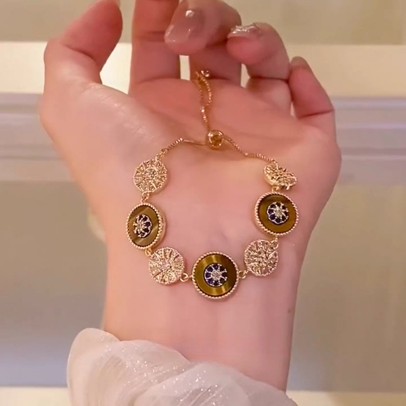 18K Real Gold Plated Tiger Eye Stone Zircon Bracelet Vintage Light Luxury Niche Bangle Elegant High-end Feel Jewelry Wholesale