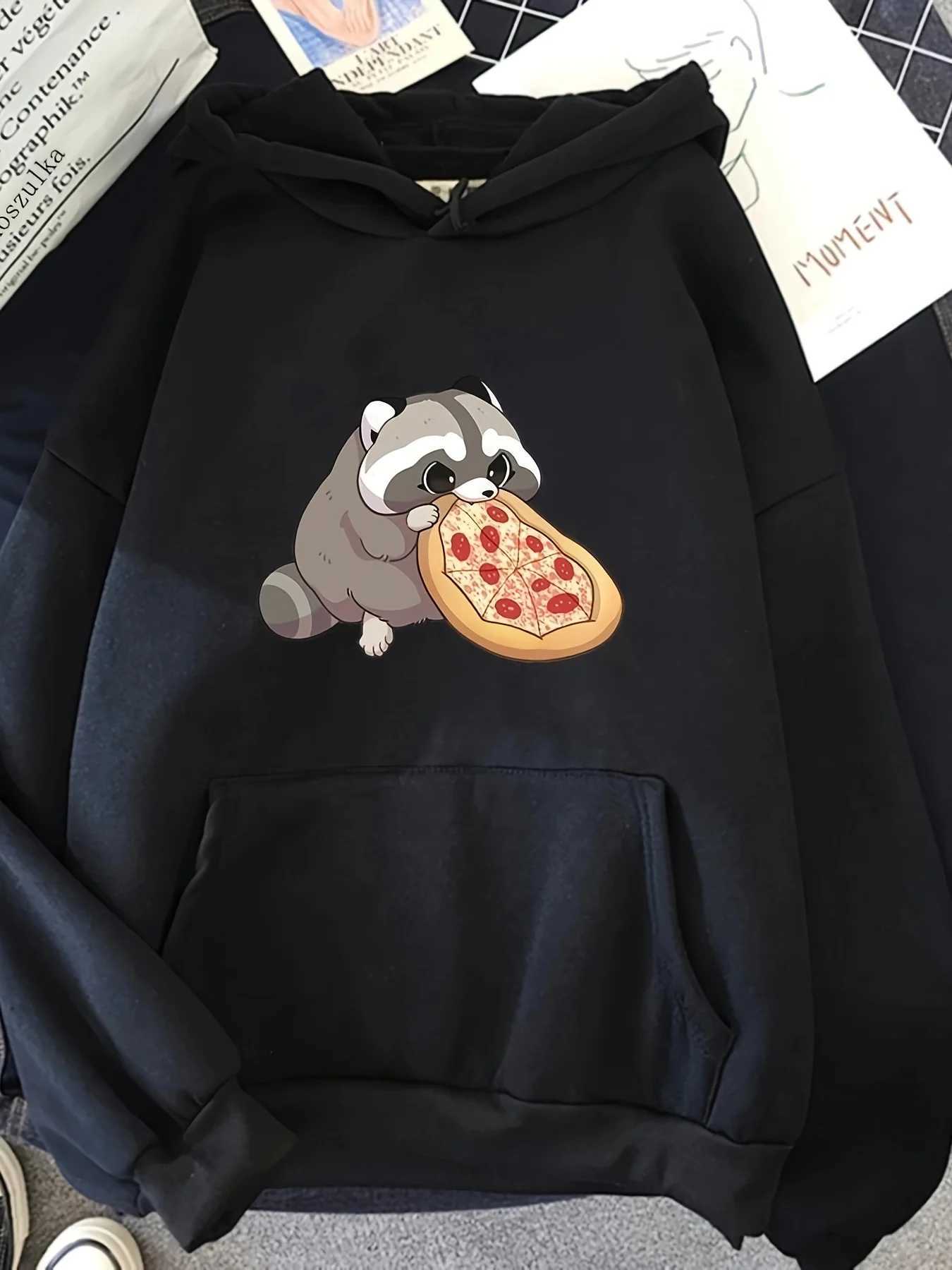 Women Hoodies 2025 Winter AutumnCartoon Raccoons Eating Pizza Y2k Sweatshirt Top Hoodie Long Sleeve Womens Casual ClothingT251105