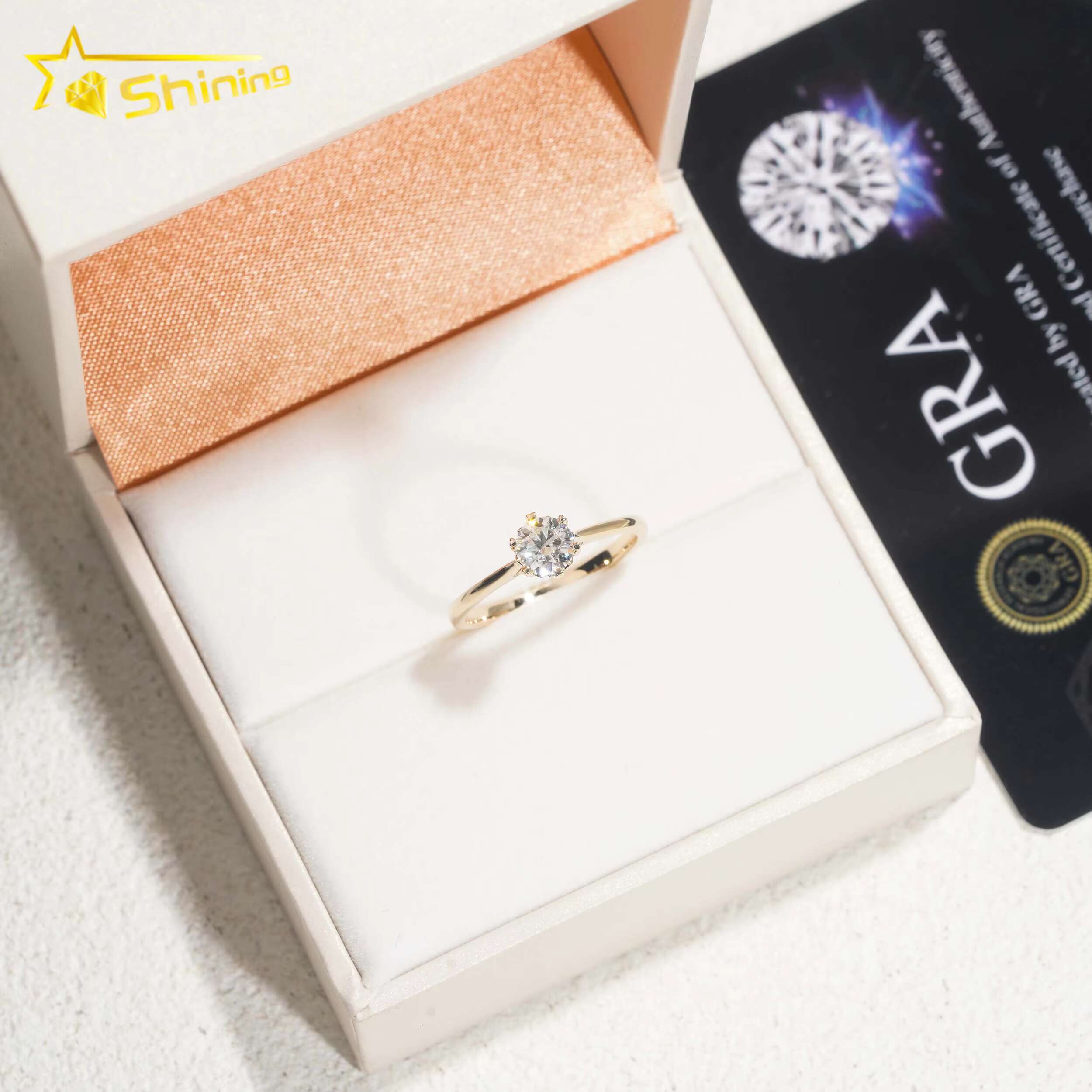 Lab Grown Diamond Engagement Rings 14K Solid Yellow Gold Diamonds Plain Band Classical 6prongs Design Wedding Ring