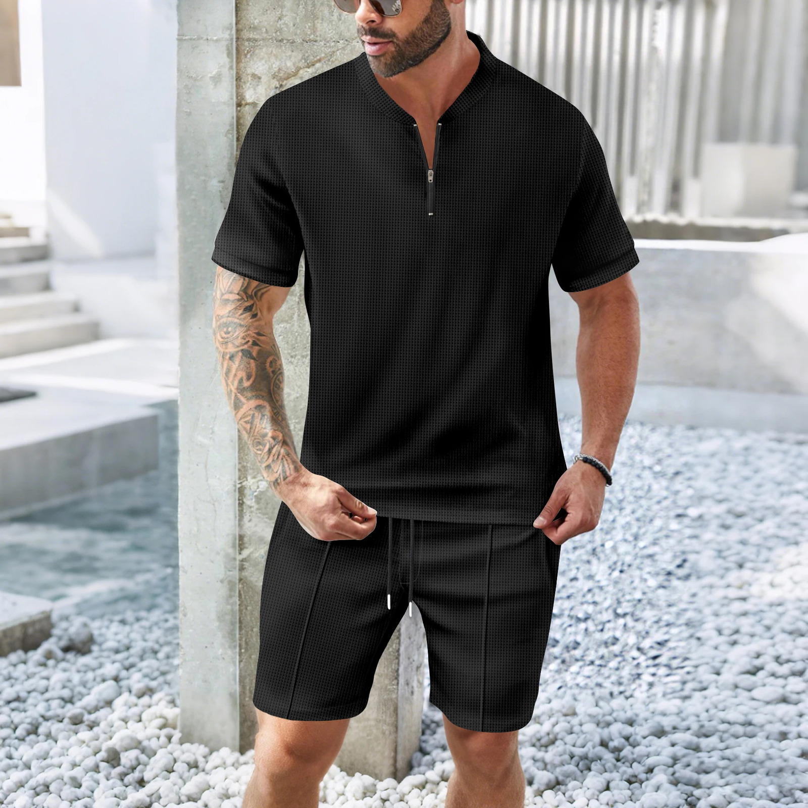 Mens summer waffle collar small zipper solid color short sleeved shorts mens outdoor casual set 250402