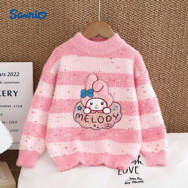 Sanrio Girls Sweater Autumn Winter 2025 New Childrens Cartoon Thickened Base Mink Knitwear Stylish Kuromi Colorful Dots H251105