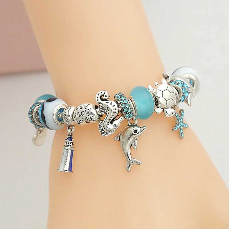 Classic Design Dolphin Charms Bangles for Women Jewelry Gift Blue Murano Crystal Glass Diy Beads C251105