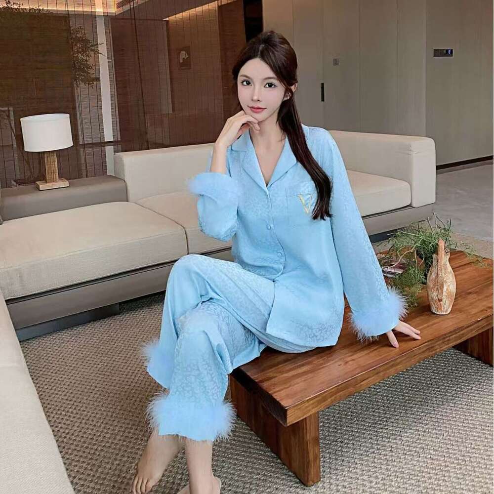 Women's Pajamas Spring and Autumn Ice Silk Plus Size Cardigan New High-end Light Luxury Feather Long Sleeve Homewear Two-piece Pyjamas Set