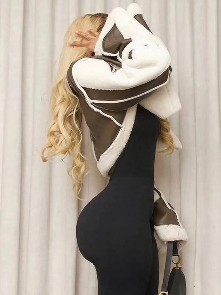 winter jacket women Weird Puss Furry Patchwork Women Crop Jacket Full Sleeve Open Stitch Hipster Streetwear Warm Outwear Basic Wild Coat