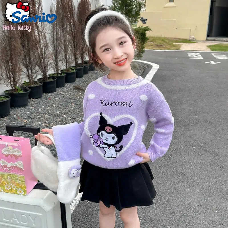 Sanrio Girls Kurom Warm Sweater Anime Autumn and Winter Kawaii New Cartoon Childrens Fashion Thicken Knitted Cardigan Tops H251105