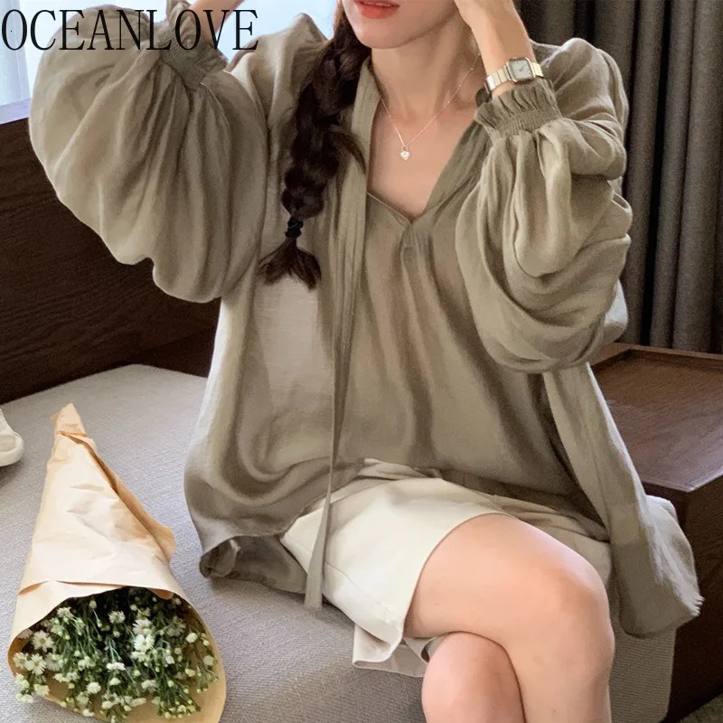 OceanLOVE V-neck Womens Shirt and Shirt Solid Color Korean Fashion Elegant Blue Womens Spring Autumn Sweet Carmicha Top 250402
