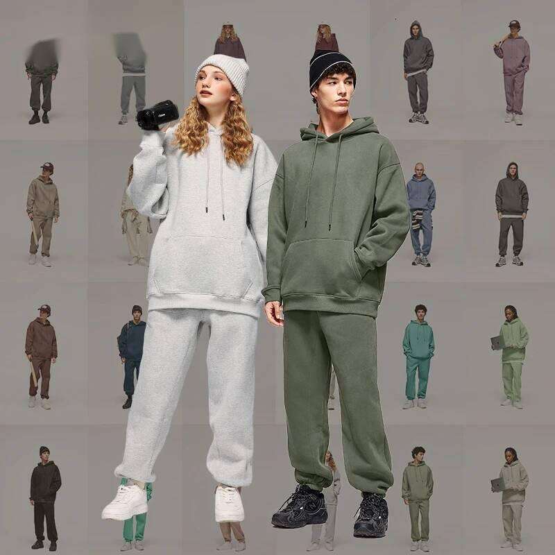 Thick Vlevet Tracksuit Unisex Trendy Solid Color Jogging Suit Mens Blank Matching Fleece Sweatpant Set