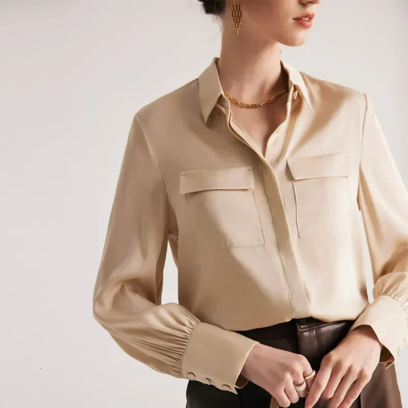 Real Silk Shirt Womens Spring and Summer Long-sleeved Commuting Solid Color Temperament Hangzhou 90% Mulberry Silk 250402