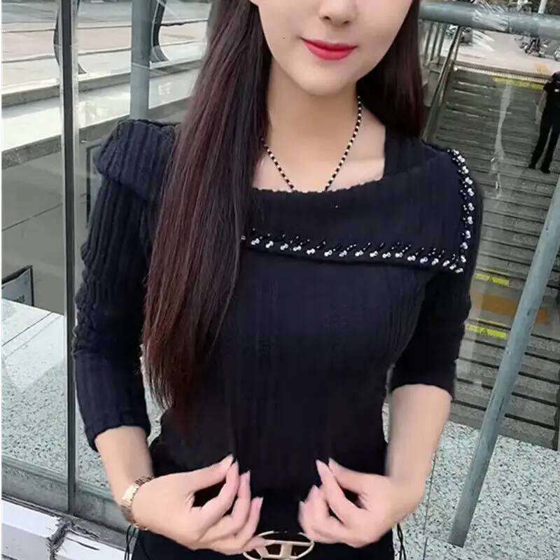 Women's Clothing Square Neck Pit Striped Long Sleeved Pullover Sweater For Women Autumn Winter Sexy Slim Fit Elegant Knitted Top Designer Sweater