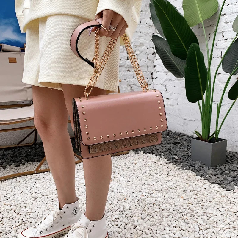 2025 new small square rivet decoration fashion chain messenger, a high-value designer multifunctional women's shoulder bag4
