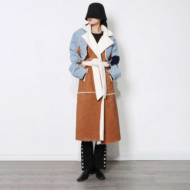 Loose Large Size Cotton Jacket Trendy 2025 Autumn Winter Patchwork Fleece Lined Thick Warm Medium Length Lamb Fur Coat Women