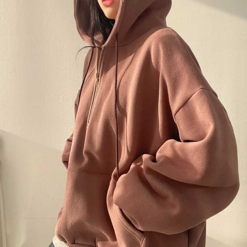 Women Hoodie Harajuku Loose Oversized Solid Color Top Half Zip Up Sweatshirt Female Casual Long Sleeve Pocket Hooded Coats 2025T251105