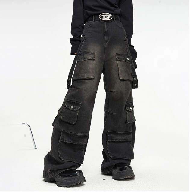 American High Street Multi-Pocket Design Sense Cargo Jeans for Men, Wide-Leg Loose Niche Washed Vintage Straight Pants