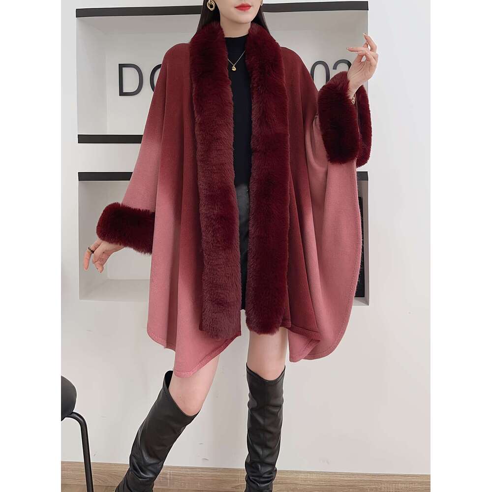 Women's Oversized Korean Fashion Winter - Collar Gradient Grey/Black Cape Cloak With Plush Trim, Wrap Shawl Mantle & Elegant Casual Or Formal Eve
