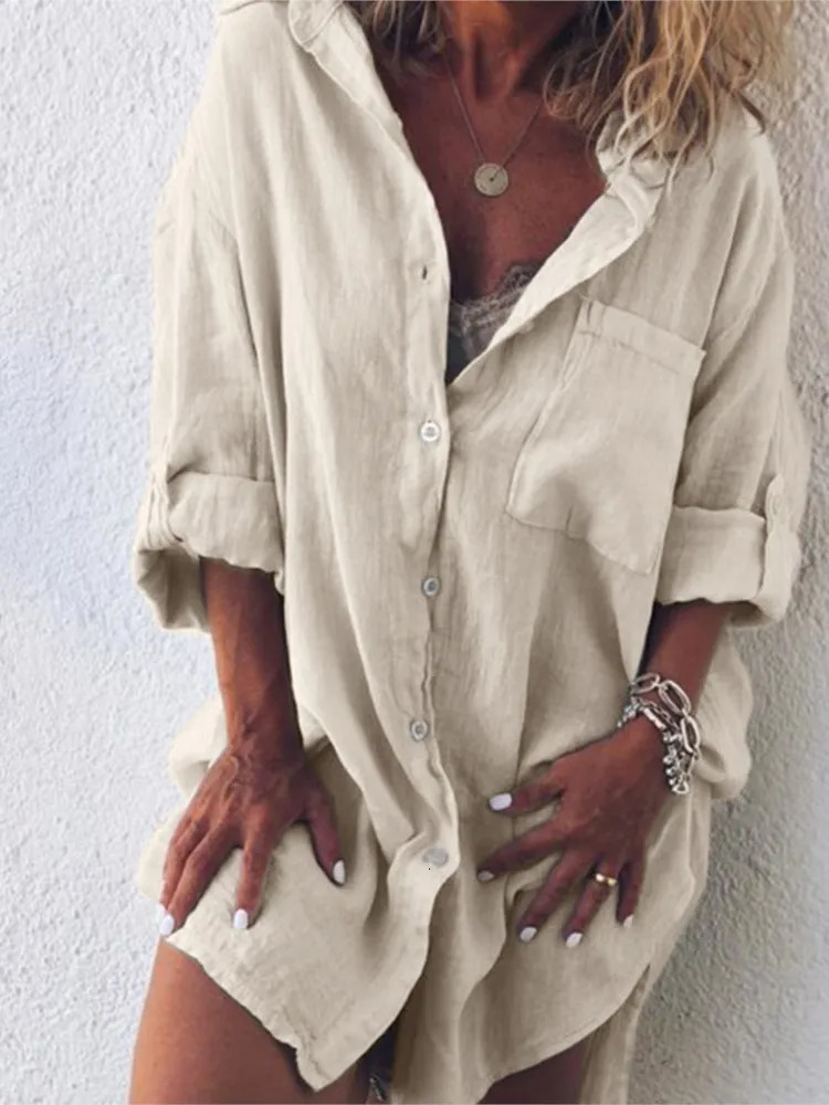 Summer Womens Clothing Fashion Cotton Linen Pocket Beach Fashion Button Up Shirt Long Sleeved Casual Comfortable 250402
