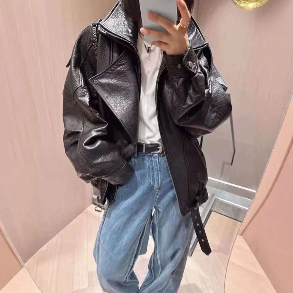 Cross-Border Lamb Motorcycle Loose PU Leather Jacket Oversize New High-End Simple Early Autumn Coat B5