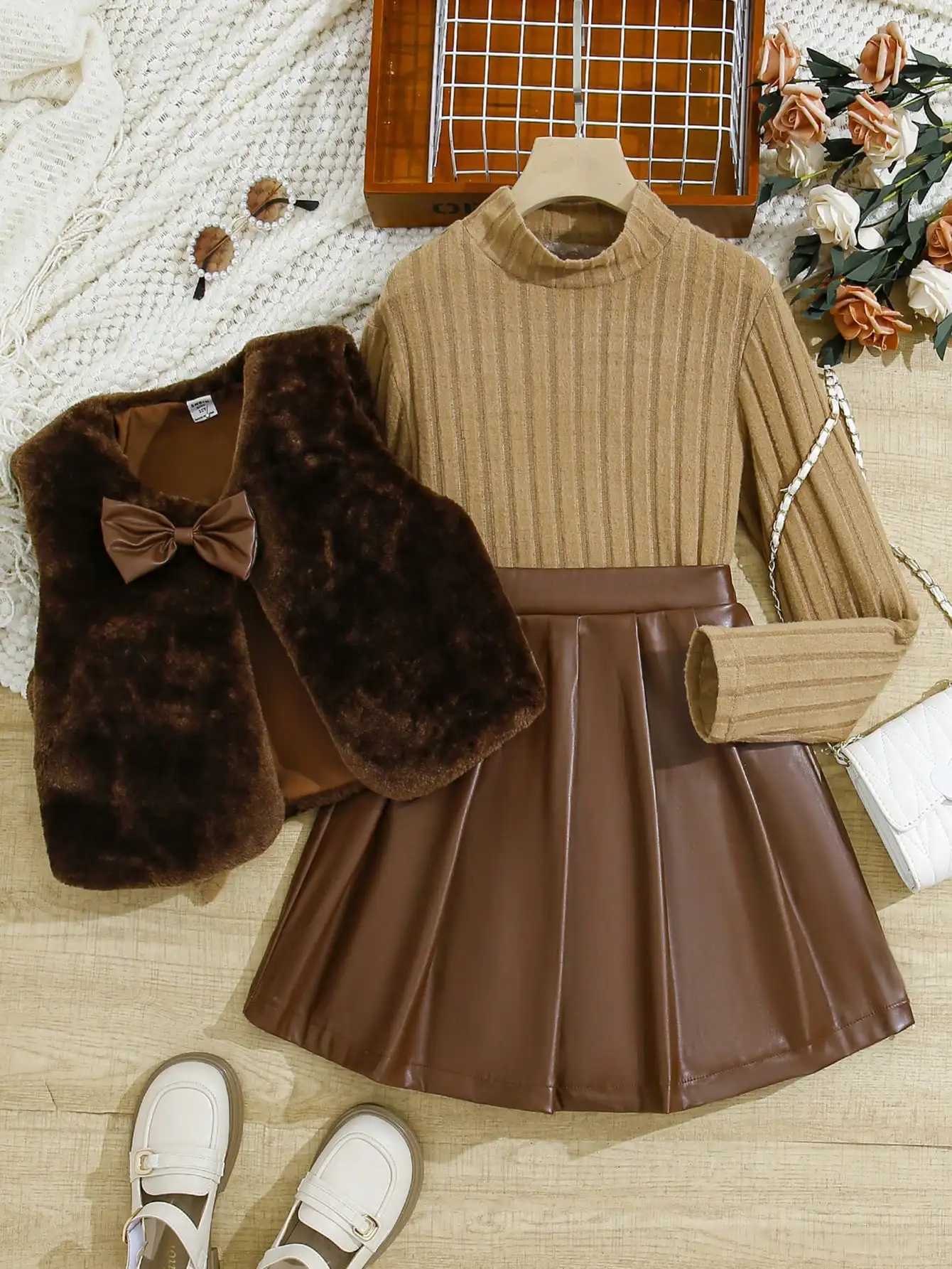 Sweet style three-piece set for girls in autumn and winter of 2025 Bowknot fleece vest fashionable high-neck ribbed top PU Y251105