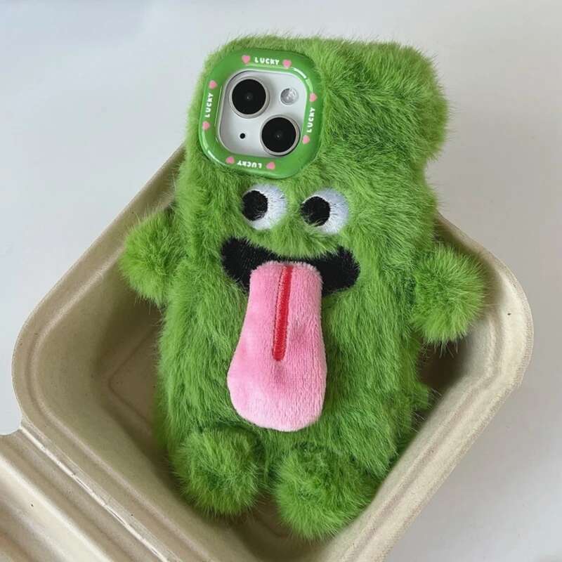 INS Couple Fur Monster Kiss Tongue Case For iPhone 16 15 14 13 12 11 Pro Max Korea Cute Cartoon Gift Anti-Drop Soft Back Cover