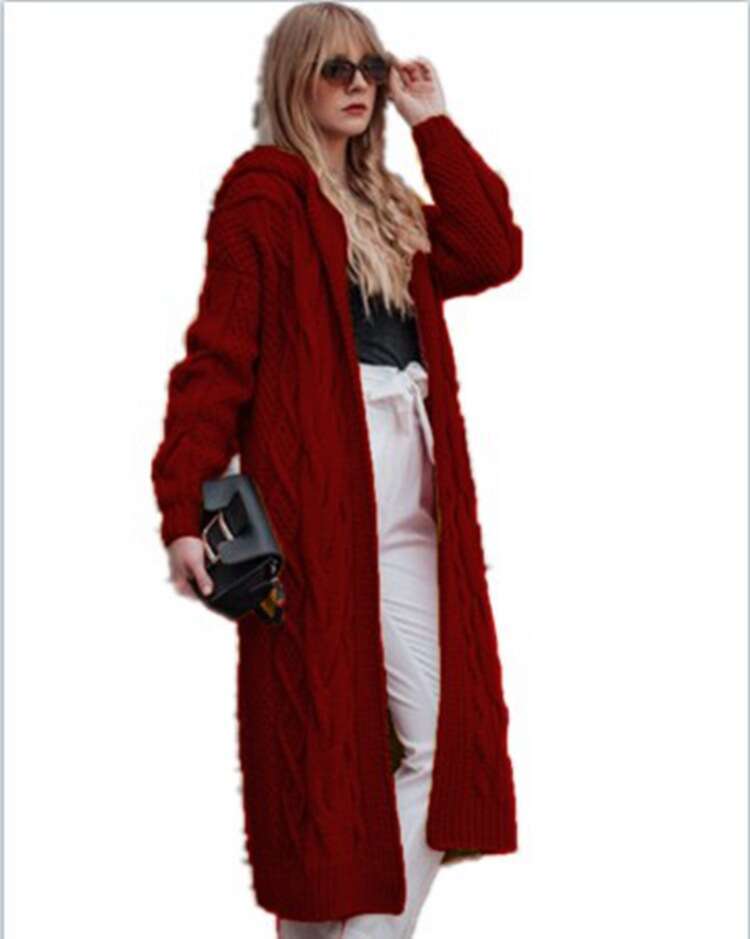 Foreign Trade New Style Wish European and American Autumn Winter Hot Sale Solid Color Hooded Long Loose Cardigan Sweater Braided Knitwear for Women