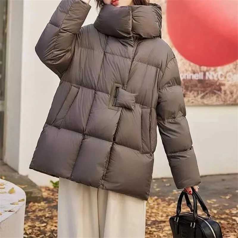 Women Down Jacket Hooded Loose Puffer Casual Warm Autumn Winter Outwear White Duck Down Cotton Stand Collar Coat 2025T251105