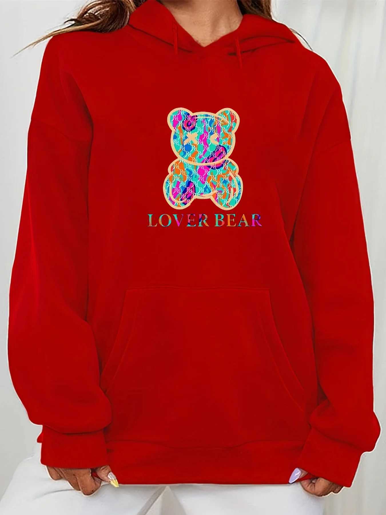 Womens autumn and winter warm loose casual cute bear pattern printed velvet long sleeved hooded sweatshirtT251105