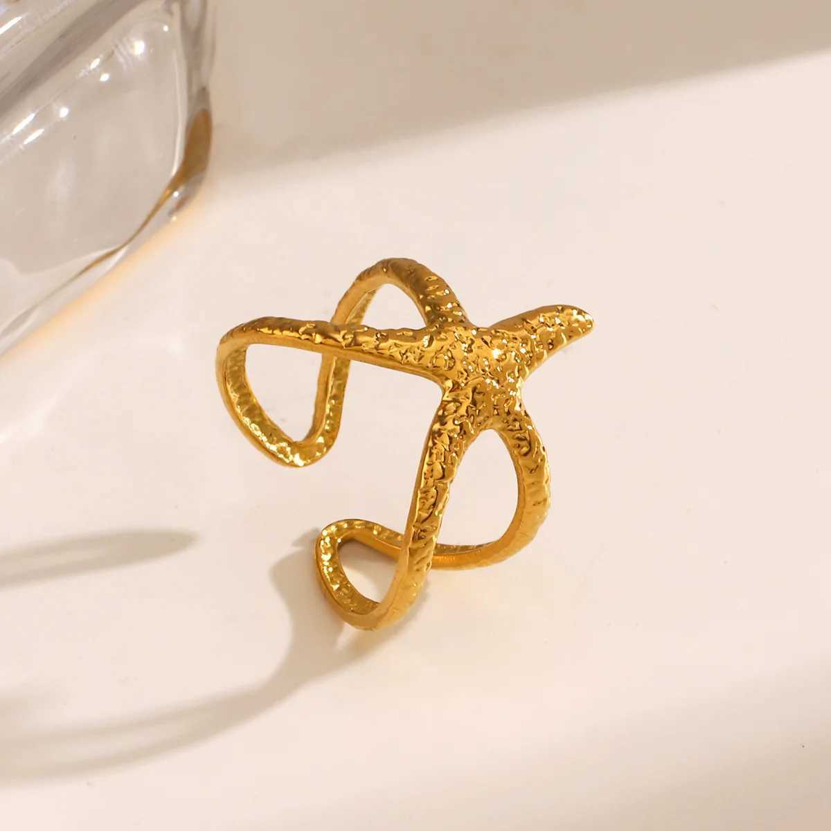 LATS Beach Style Stainless Steel Starfish Open Ring for Women Men Metal Waterproof Fashion Gold Silver Color Jewelry Gift Z250407