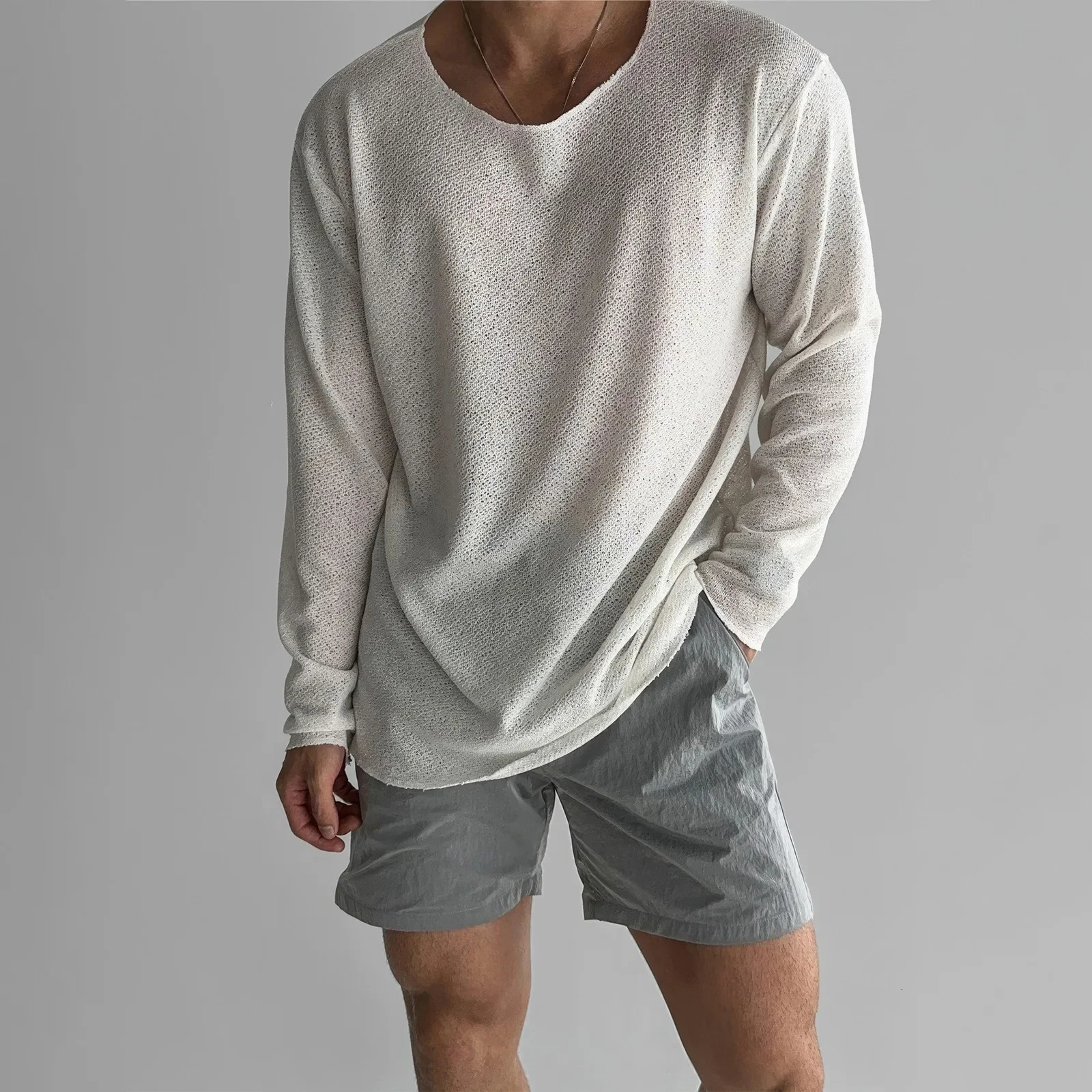 Loose-Fit Long Sleeve Knitt T-Shirt For Men Lightweight Summer Casual Style Anti-Sunshine Cover Up American Style Cross-Border 251105