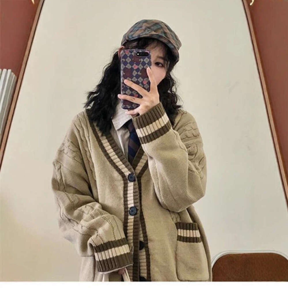 Spring Autumn New Color-Block Cardigan Sweater For Women And Men Japanese Retro Lazy Style BF Loose Warm Knitted Jacket B5