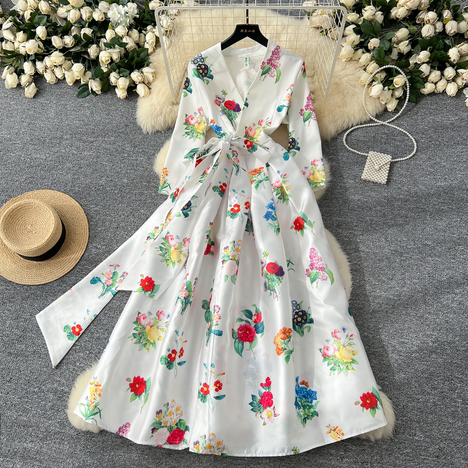 Basic Casual Dresses Spring Summer Gorgeous Holiday Beach Dress Women's Stand Long Lantern Sleeve Vintage Floral Print Belt Chiffon Loose Vestido