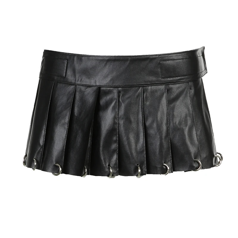 HEYounMIRL Womens Sexy Leather Mini Skirt Metal Ring Details Low Waist Fashion Wrinkle Skirt Punk Grunge PU Rave Set 90s 250324