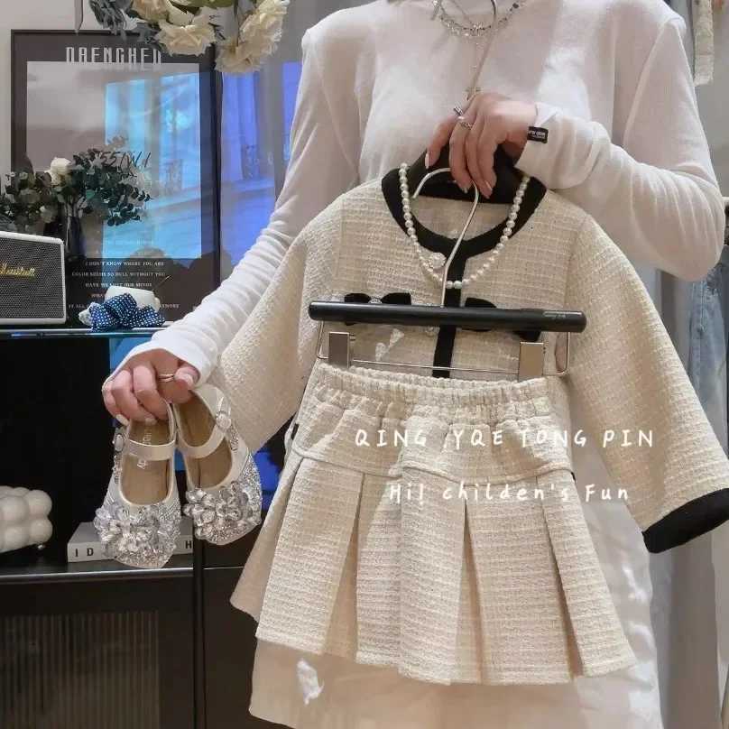 Korean Girls Small Fragrant Style Cardigan Skirt Set Baby Temperament 2024 Autumn Coat Short Skirt Two Piece New Set Y251105