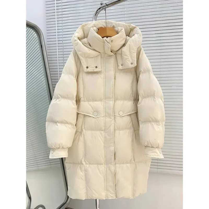 Autumn Winter New Down Jacket Womens Mid-length Hooded Thick Loose White Duck Down Warm CoatT251105