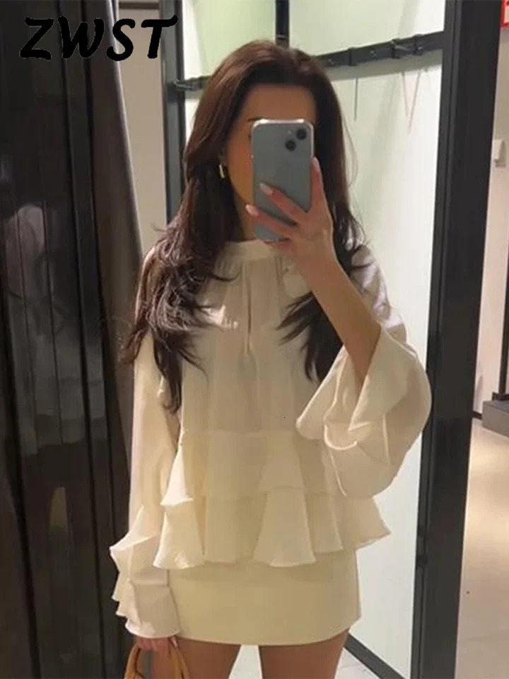 Fashion Flounce Blouses Womens Mesh Long sleeved O-neck Gauze Shirt Womens Spring/Summer Loose Womens Street Top 250402