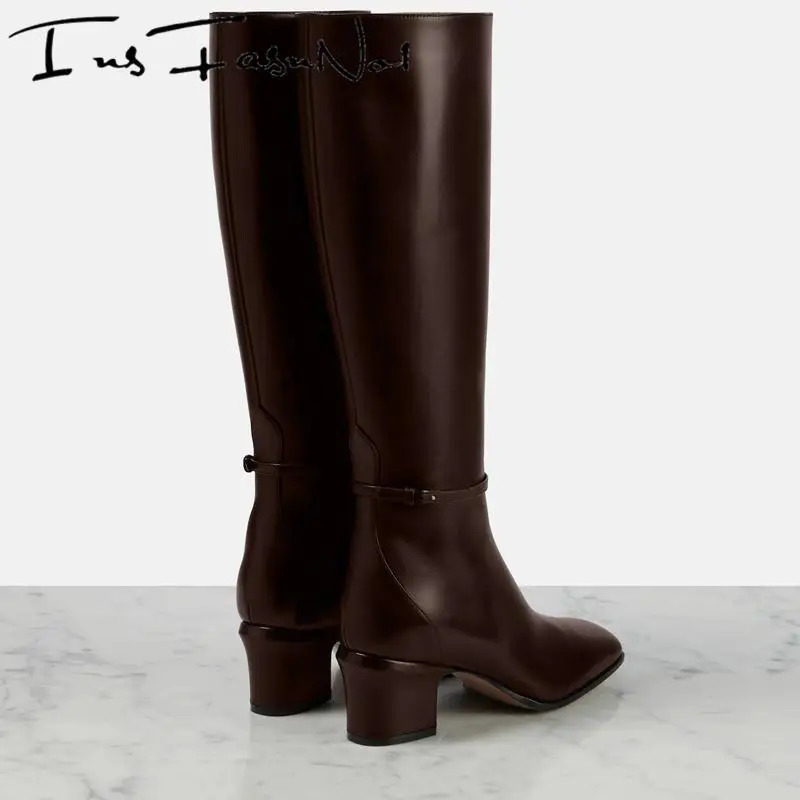 Genuine Leather Square Toe High Heels Knee High Women Boots Solid Color Zipper Pleated Fashion Western Style Sexy Female Shoes 251031