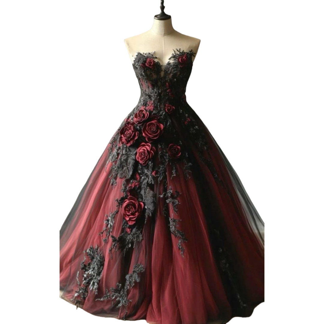 Burgundy And Black Gothic Wedding Dress Sweetheart Neckline Sleeveless Corset A-Line Floral Lace Appliques Vintage Bridal Gown