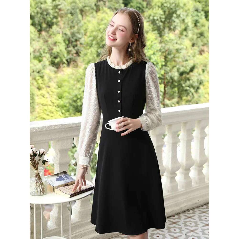 Women Autumn New A-E Black French Lace Patchwork Long-Sleeve Gentle Midi Female Dresses