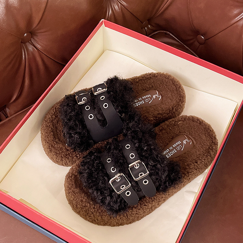 2025High-end belt buckle thick-soled wool slippers women's new retro versatile fleece warm home slippers