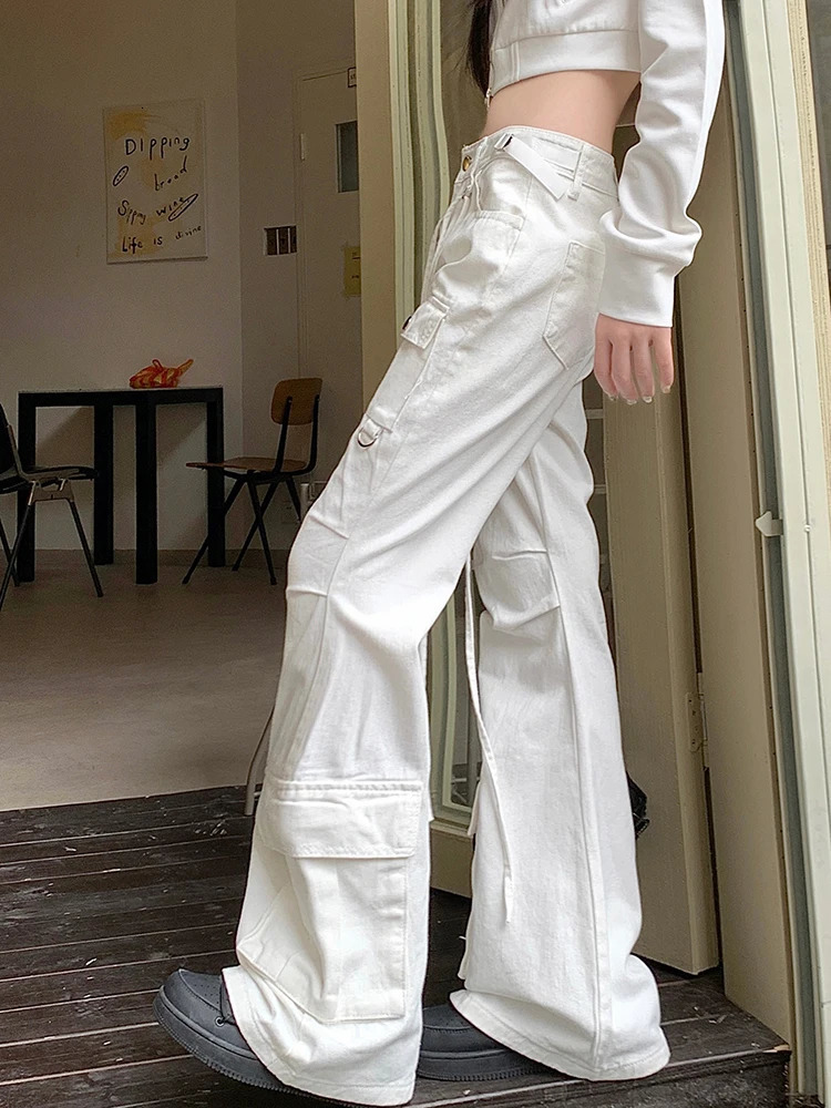 Womens retro Flares low waisted cargo pants with pockets floor length drawstring jeans style 250403