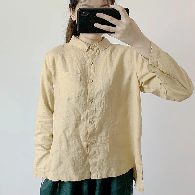Johnature Women Linen Shirts Solid Color Blouses Autumn Turn-down Collar Button Female Long Sleeve Casual Shirts Tops 250402