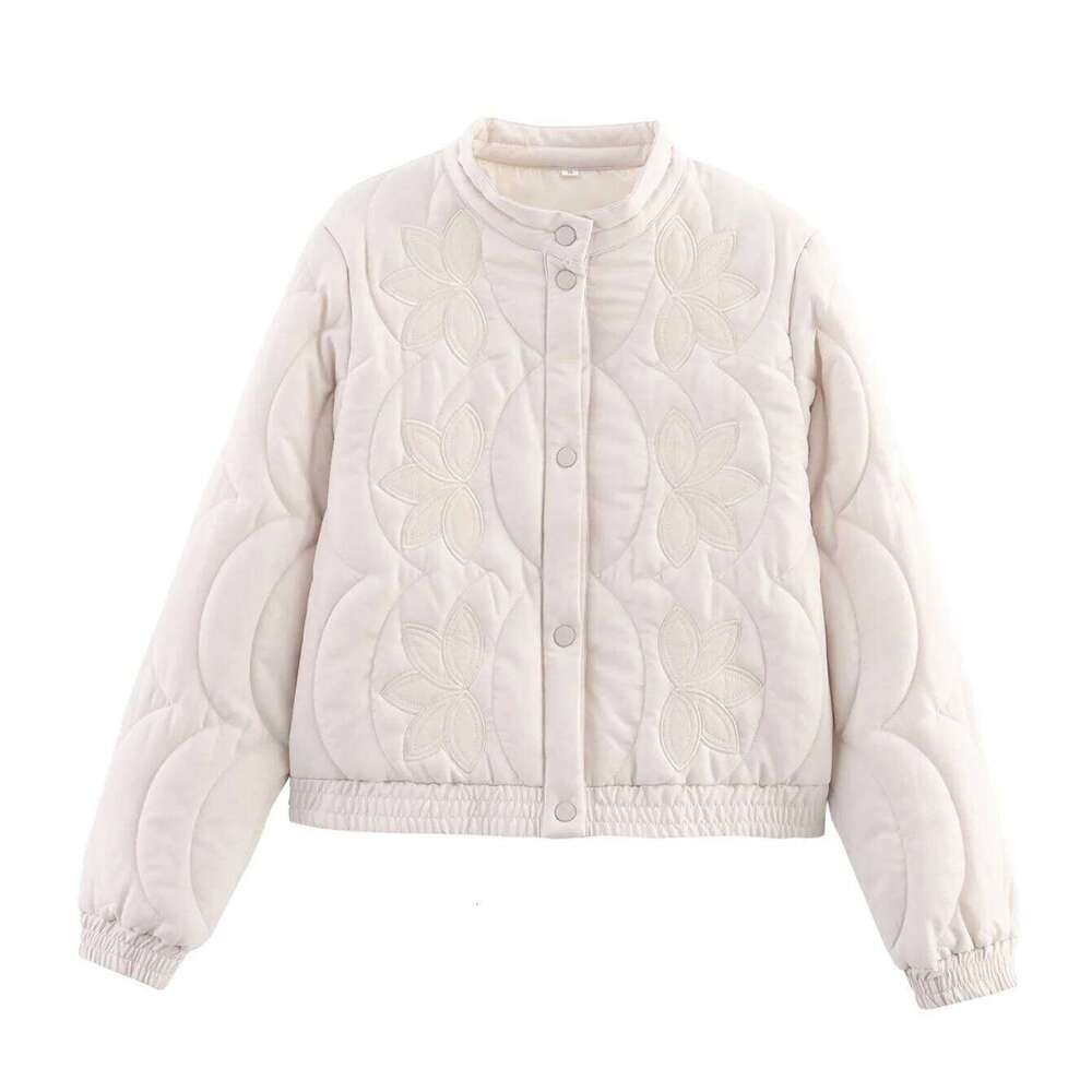 2025 Autumn Women Quilted Crop Coat Floral Embroidery Single Breasted Short Jacket Winter Warm Vintage Long Sleeve Outerwear