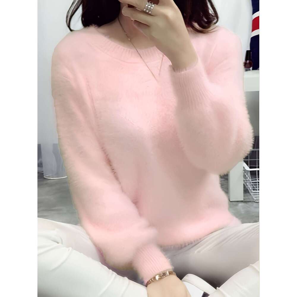 Lavender Sweater Faux Fur Women's Sweater | Loose Fit Thick Long Sleeve Round Neck Top, All-Season Elegant Casual & Formal Comfortable Winter Wea