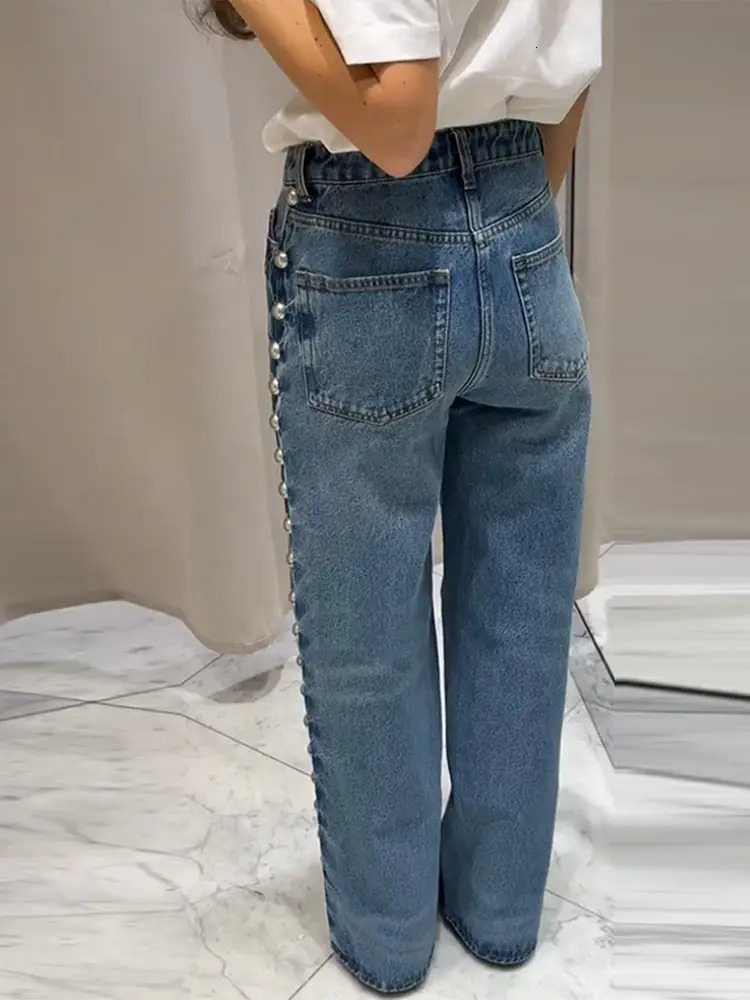 Street Fashion Beaded Womens Jeans High Waist Pocket Straight Wide Leg Denim Pants Spring Y2k Trousers 250403