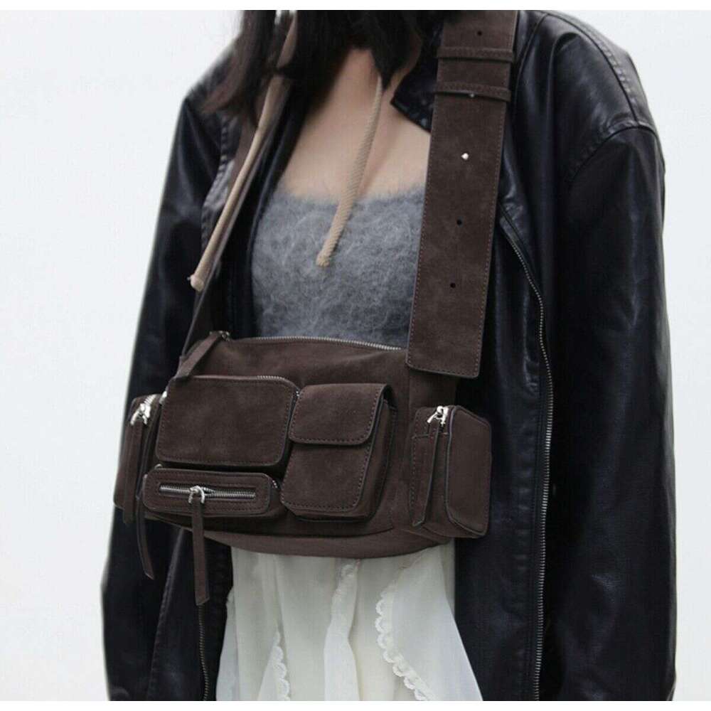 Women Spicy Motorcycle Retro Frosted Suede PU Handbag, Coffee Brown, Large Capacity Multi Pocket Shoulder With Adjustable Strap, Ideal For Work